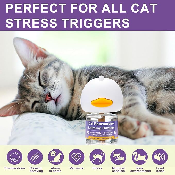 Cat Calming Pheromone Diffuser, 4 Refills 48ml & 2 Diffusers, 120 Days Long-Lasting, Relieve Anxiety, Reduce Fighting, Spraying & Scratching, Safe for Cats Kittens & Humans
