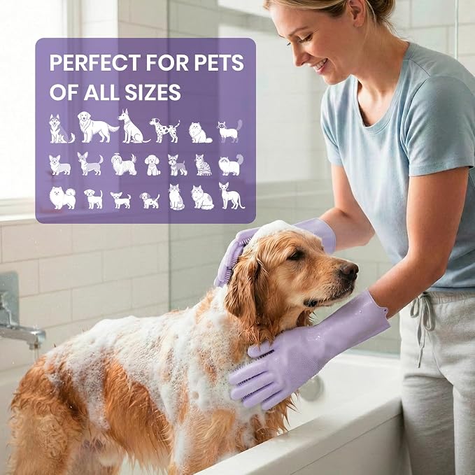 Silicone Pet Grooming Gloves Dog Washing Gloves for Bathing, 1 Pair Purple | 3000 Soft Silicone Bristles, 5-Finger Flexible, Gently Massages & Removes Fur, Non-Slip, Easy Clean, for Dogs/Cats/Horses
