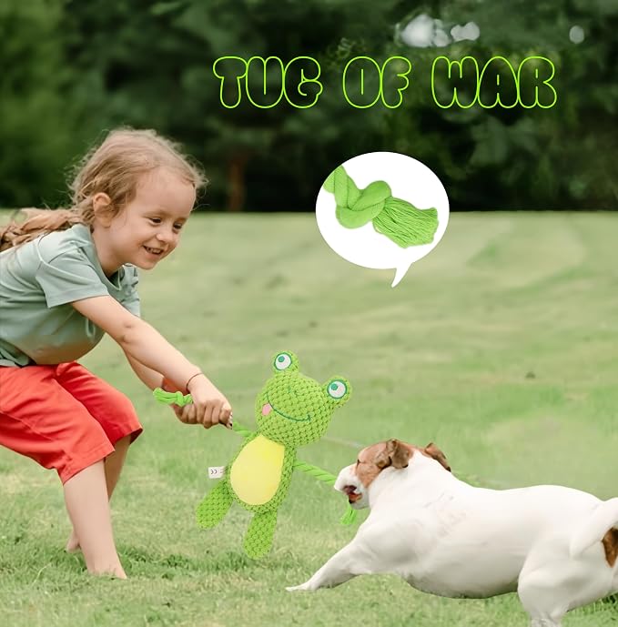 Cotton Rope Squeaky Dog Toy with Crinkle Paper – Interactive Plush Chew Toy for Small & Medium Puppies, Frog Design