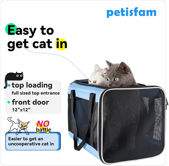 Soft Pet Carrier for Large and Medium Cats, 2 Kitties, Small Dogs. Easy to Get Cat in, Great for Cats that Don't Like Carriers (Blue)