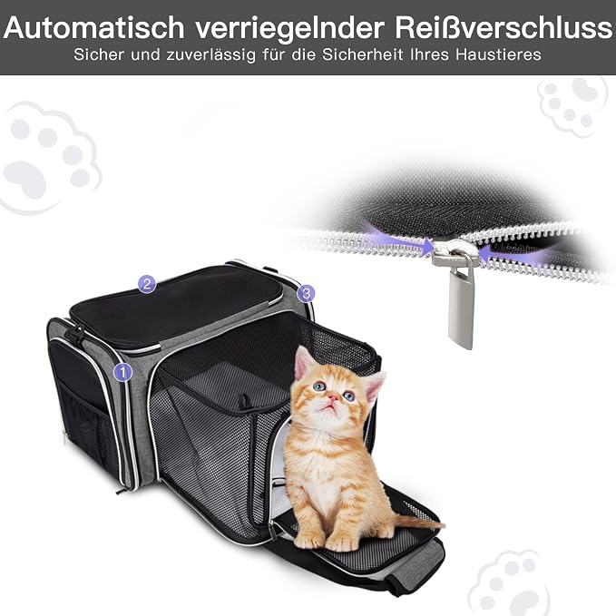 BAGLHER Expandable Cat Carrier with Travel Litter Box, Pet Travel 5 Sides Open Doors 3 Sides, Leak-Proof and Collapsible, for Car, Airplane Trip, Grey