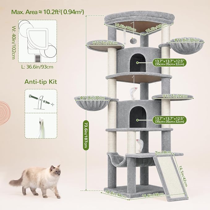 Globlazer 73in Corner Stable Cat Tree for Indoor Cats, C73, Light Grey | Space-Saving Multi-Level Climbing Tower, Large Fan-Shaped Condos & Top Perch, 8 Full-Sisal Posts & Board, Metal Baskets