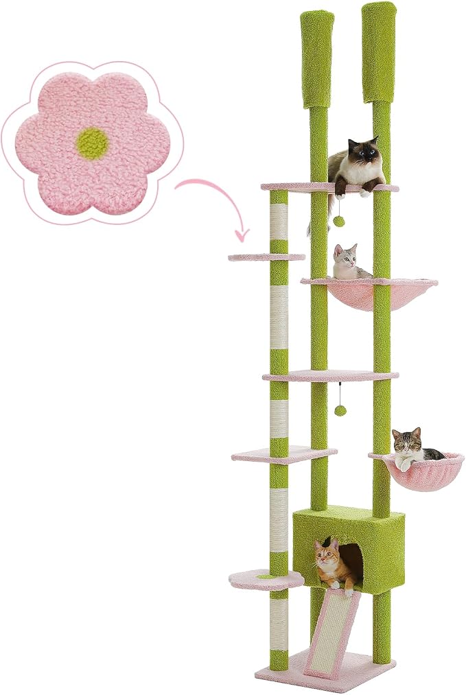 PEQULTI Floor to Ceiling Cat Tree Tower, Height Adjustable 230-252cm, Pink | Pink climbing pole for large cats with cat condo, hammock & sisal scratching posts; measure ceiling, fits 230-252cm