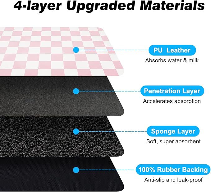 CooRug Checkered Dog Food Mat, Pet Feeding Mat 24" L x 16" W, Pink | Absorbent, Leak-Proof, Anti-slip, Quick Dry, Eco-friendly Materials, Easy to clean and store, For Messy Drinkers