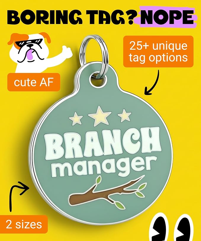 Bad Tags Personalized Dog and Cat ID Tags in 25+ Designs and 2 Sizes - 5 Lines of Custom Engraved Text - Funny Cute Personalized Pet Tags (Branch Manager, Large (1.25 inch))