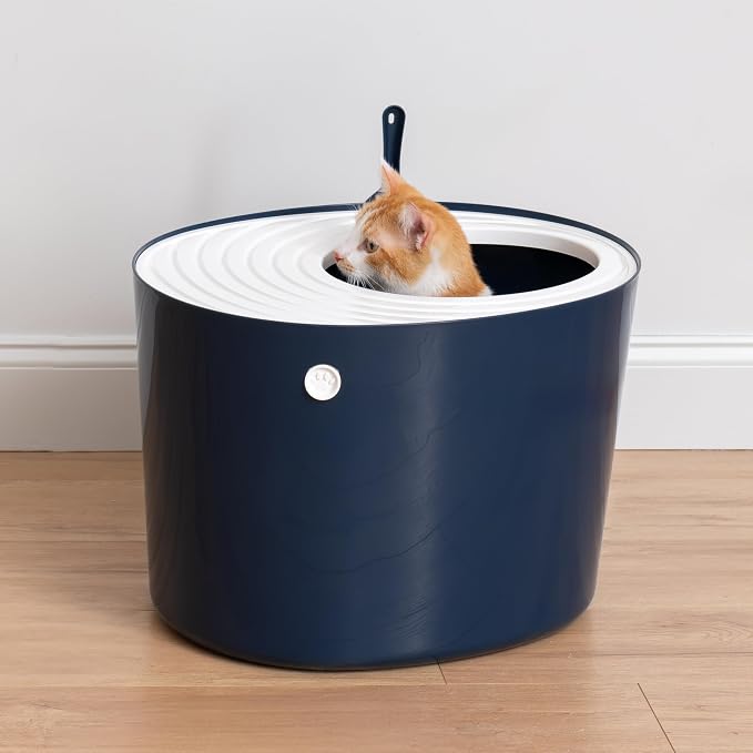 IRIS USA Large Cat Litter Box with Lid, Top Entry Design, Covered Enclosure, Dog Proof, Litter Scatter Control, Odor Reducing, Includes Scoop for Indoor Cats & Kittens, Navy/White, Made in the USA