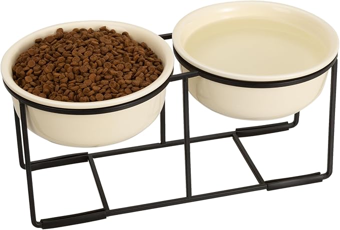 Elevated Ceramic Dog Bowl Set - Double Dishes with Non-Slip Iron Stand - Raised Feeding Station for Food & Water - Ideal for Small and Medium Dogs - 2 × 720ml Capacity - Beige - 15 cm Height