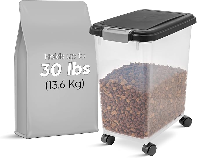 IRIS USA Dog Food Container & Slow Feeder Bowl, Up to 30 lbs, Black | Includes 2-Cup Sccop & Wheels, Airtight Seal, BPA-Free, Bird Seed, Cat food, Cat Litter, Treats, Short Snout Bowl
