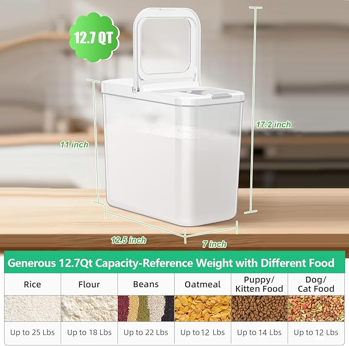 TBMAXS Rice Flour Storage Container - 12.7 Qt | 25 Lbs Crystal-Clear Plastic Food Storage Containers Bin with Pop-up Lid for Grains Beans, Dry Food Holder for Kitchen Pantry Organization and Storage