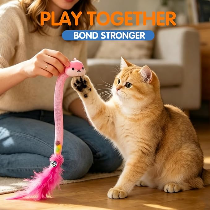 Cat Feather Toys 4 Pack for Indoor Cats – Interactive Cat Teaser Toys with Bell, Pom-Pom & Flexible Snake Tube, Fun Kitten Toys for Hunting, Chasing & Exercise