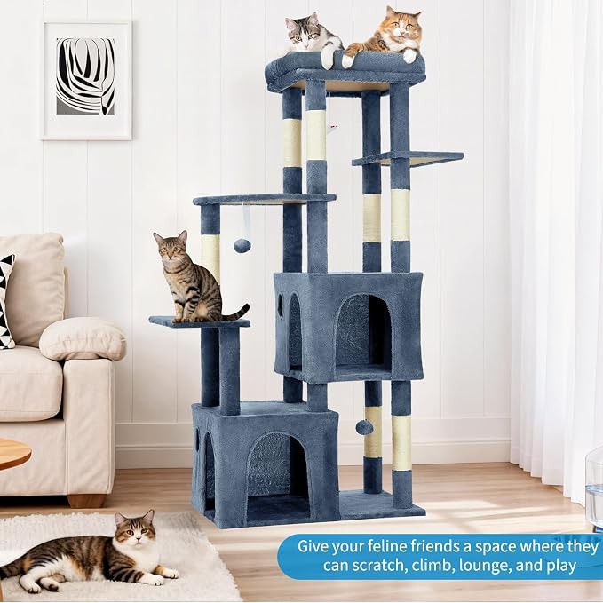 61" Large Cat Tree Tower for Indoor Cats, Heavy-Duty Multi-Level Cat Condo for Maine Coon & Big Cats with Extra-Large Perch, 2 Spacious Houses, Sisal Scratching Posts & Hanging Toys - Light Blue
