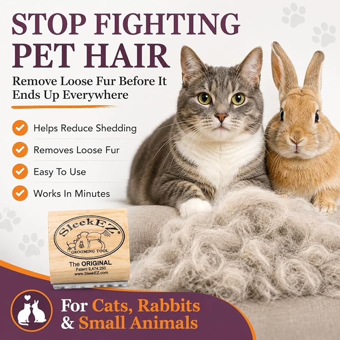 SleekEZ Cat Brush for Shedding - Deshedding Brush for Cats - Patented Grooming Tool for Removing Loose Fur, Undercoat & Hair - Made in USA - Works on Short, Medium & Long Coats