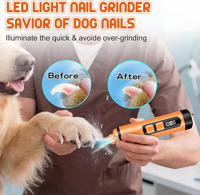 Dog Nail Grinder Electric Powerful 3 Speeds Dog Nail Clippers with Lights Quiet Cat Nail Clipper Painless Care Trimmers Tools for Small Medium Large Dogs and Cats（Orange）