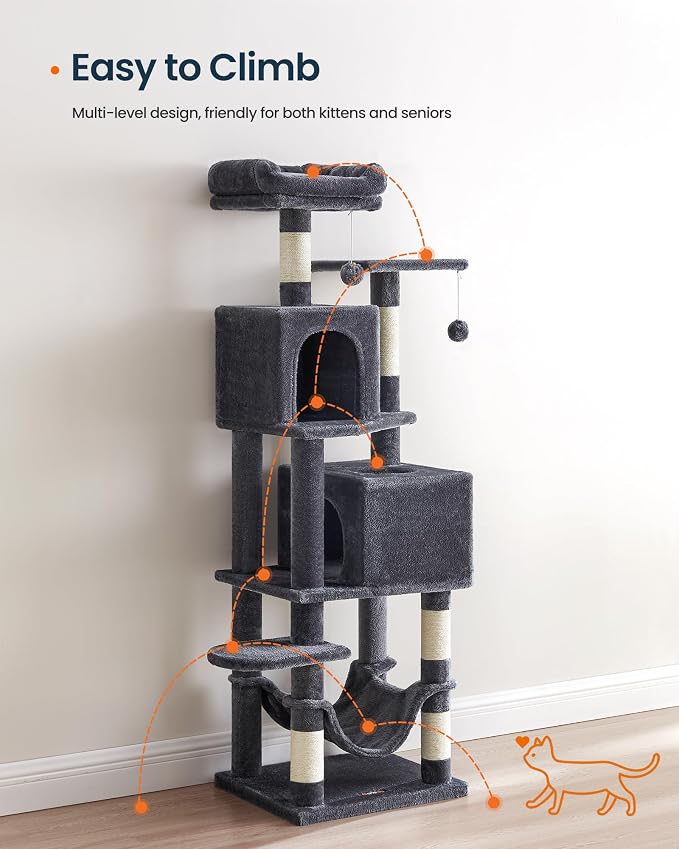 SONGMICS HOME Cat Tree for Indoor Cats, Multi-Level Cat Tower with Sisal Scratching Posts, Hammock and Condo, Dark Gray