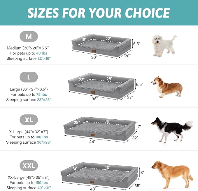 COZY KISS Orthopedic Large Dog Beds, Bolster Pet Couch with Waterproof Lining, Egg Crate Foam Sofa for Pets Up to 65 lbs, U-Shaped, 36x27x6.5 inch, Grey