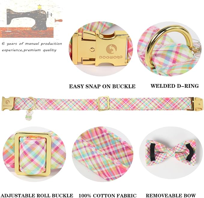 DOGWONG Easer Dog Collar with Bow,Colorful Plaid Dog Collar, Adjustable Durable Soft Easter Dog Collars for Male Female Puppy,XS