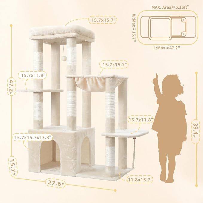 Heybly Heavy Duty Cat Tree with Large Base for Large Indoor Cats HCT026M | Cat Tower with Scratching Posts, Tall Cat Condo House , Multi-Level Plush Furniture with Hammock & Toy Balls, Beige