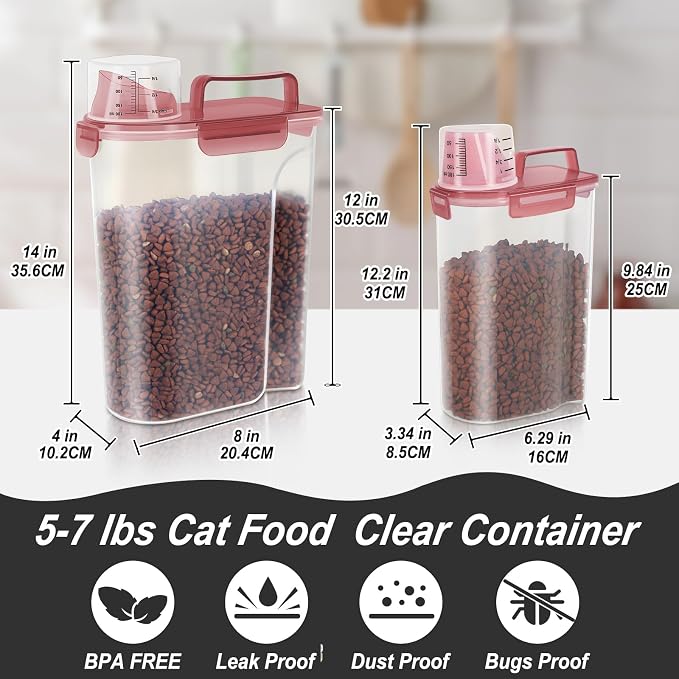 LEAWALK 2Pack Cat Dog Food Storage Container Upgraded Large Nozzle BPA-free, 3+5lbs Plastic Pet Food Containers, With 4 Sealed Clasps/1 Measuring Cup/Handle Easy Clean and Carry (Clear Pink)