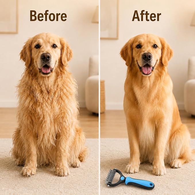 Dematting Comb for Dogs and Cats, Pet Grooming Rake, Double Sided Deshedding Brush for Dogs & Cats, Deshedding Dog Brush Removes Tangles Knots and Loose Fur for Long Haired Pets (Blue+pink)