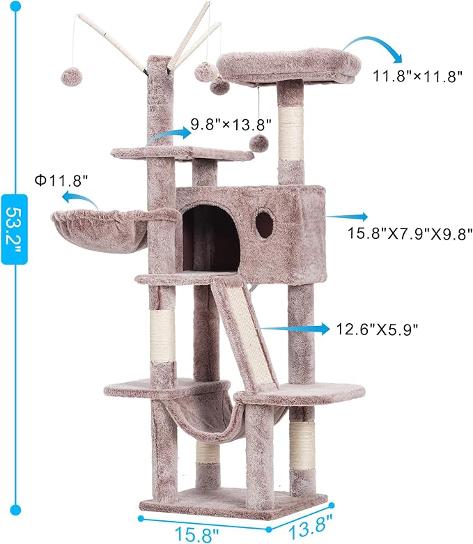 Hey-brother Cat Tree Tower with Padded Platform Bed, Hammock, MPJ019-SMU | 53 Inches Cat House with Large Cozy Condo, Toy Balls and Sisal Scratching Posts for Indoor Multi-Cats, Muchroom