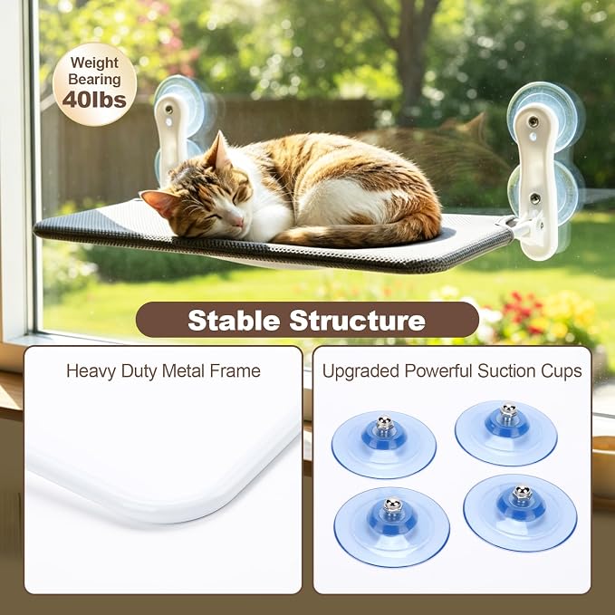 Renter Friendly Cat Shelves, Cat Window Perch Hammock Bed with 4 Suction Cups, Cordless Foldable Metal Frame & Reversible Cover, Indoor Window Hammock