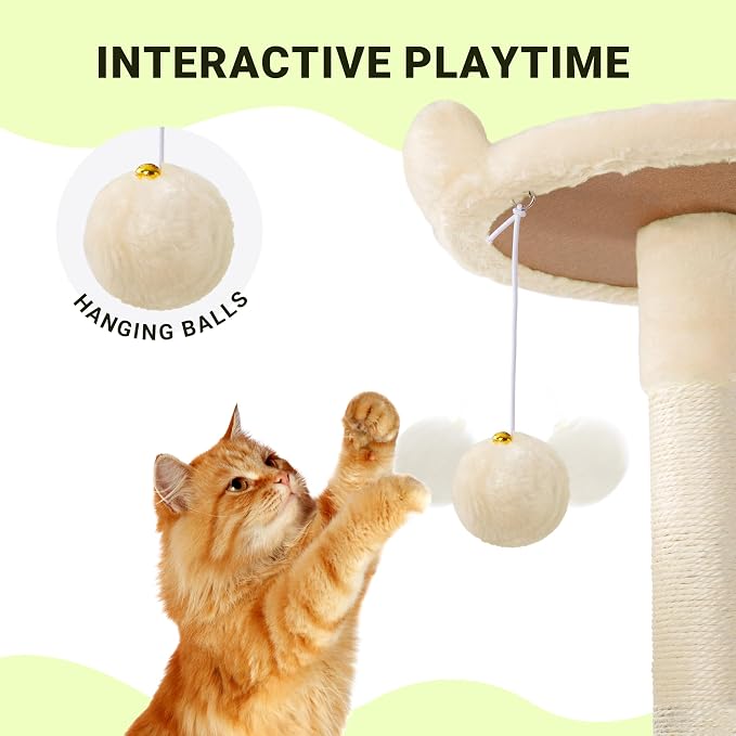 Allewie 64 Inches Multi-Level Cat Tree Tower for Indoor Cats, Beige | Activity Center for Big Felines, 2 Plush Condos, 2 Perches, Cozy Basket, House, Sisal Scratching Posts, Hanging Cat Toys