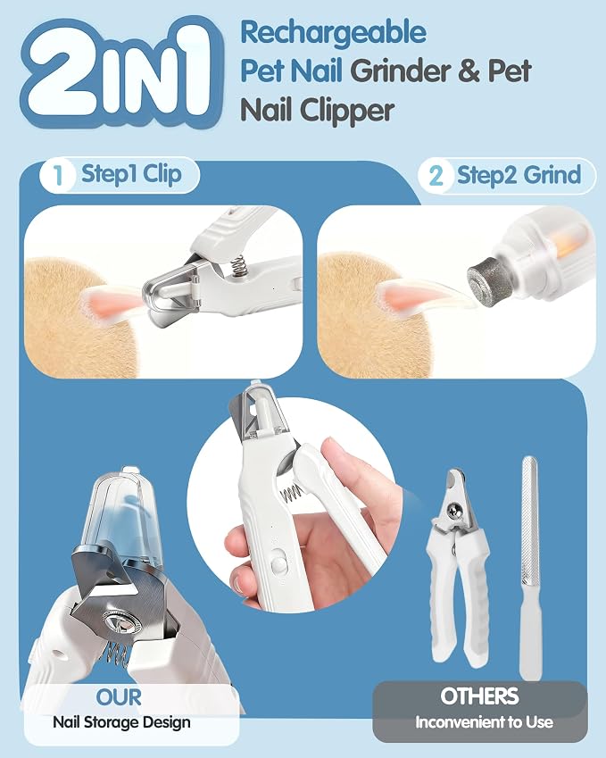 2 in 1 Cat Dog Nail Clippers & Grinder with LED Light, Quiet Rechargeable | Electric Pet Nail Trimmer & Claw Clippers for Large Medium Small Dogs Cats, Splash Guard for Nails, Painless Grooming Kit