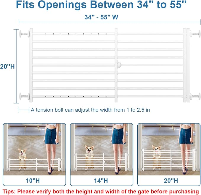 Malier Dog Gate with Door, 34-55" Extra Wide Full Metal Pet Gate Short Dog Gate for Stairs, Pressure Mount 20'' Tall Puppy Gate, Easy Step Over Low Gate for Doorways