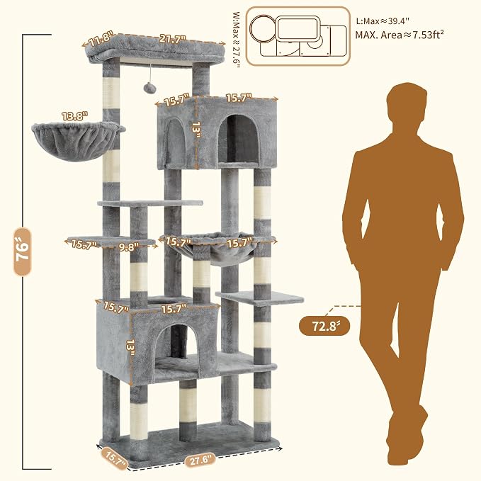 Heybly Cat Tree, 76-Inch Tall Heavy Duty Cat Tower for Big Cats HCT039W | Multi-Level Large Cat Furniture with Extra Wide Baseboard, 2 Condos & 2 Hammocks, 10 Scratching Posts, Light Gray