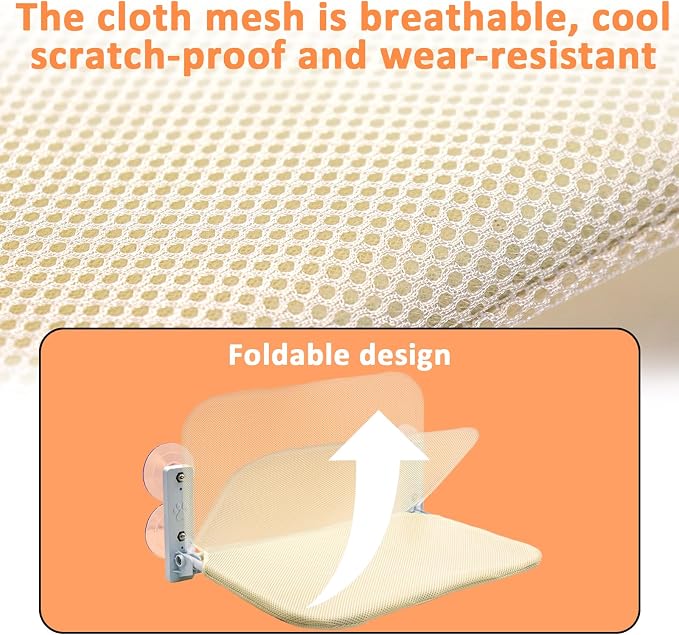 Large Beige Cat Window Perch – Cordless Foldable Hammock Bed, Zip‑Off Machine Washable Cover, Sturdy Metal Frame Window Bed for Cats and Kittens