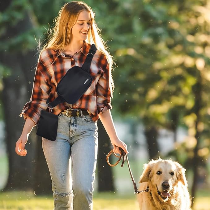 Prpeko Dog Treat Pouch Fanny Pack,Treat Pouches for Pet Training with Removable Snack Pouch,Pet Waist Belt with Poop Bag Dispenser,Dog Walking Training Bag (Black)