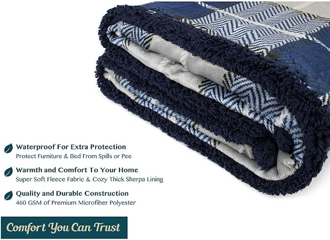 PAVILIA Waterproof Blanket for Couch, Sofa | Pet Protector for Large Dog, Puppy, Cat | Plush Soft Warm Fuzzy Sherpa Throw | Plaid Navy, 60x80