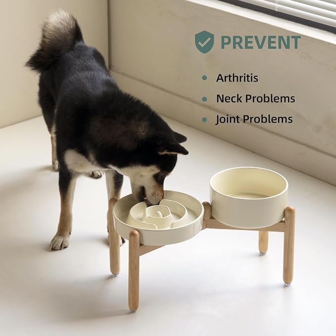 Havniva 8.2” Raised Slow Feeder Dog Bowls Set, 1.6 Cups Ceramic Slow Feeder Dog Bowl and 7.3” Dog Water Bowl with Elevated Wooden Stand Puzzle Dog Food Bowl for Medium Dogs Anti-Gulping & Anti-Choking