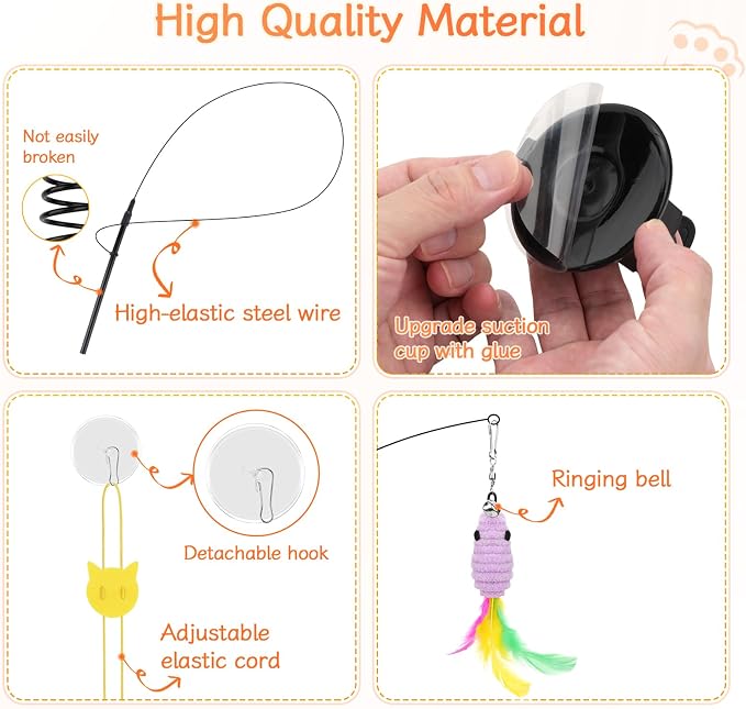 Atosun Interactive Cat Toys, 15PCS Cat Wand and Feather Toys for Indoor Cats, Reusable Suction Cup Toys for Kittens Play Exercise