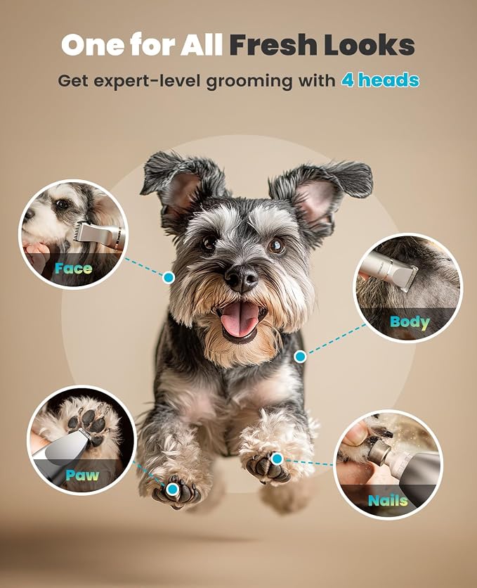 oneisall 4 in 1 Dog Grooming Kit with LCD Display | Paw Hair Trimmer & Nail Grinder, Rechargeable, Cordless, Low Noise, IPX7 Waterproof, 3 Speeds Pet Grooming Clippers