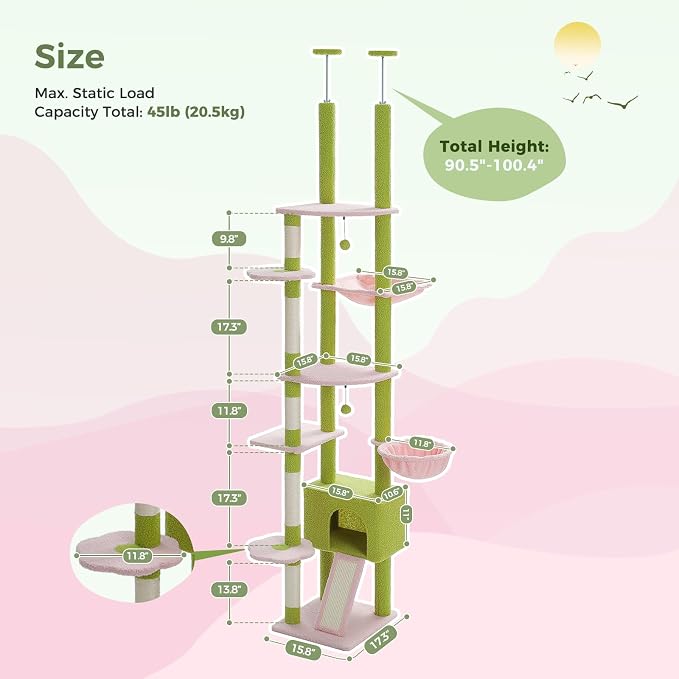 PEQULTI Floor to Ceiling Cat Tree Tower, Height Adjustable 230-252cm, Pink | Pink climbing pole for large cats with cat condo, hammock & sisal scratching posts; measure ceiling, fits 230-252cm