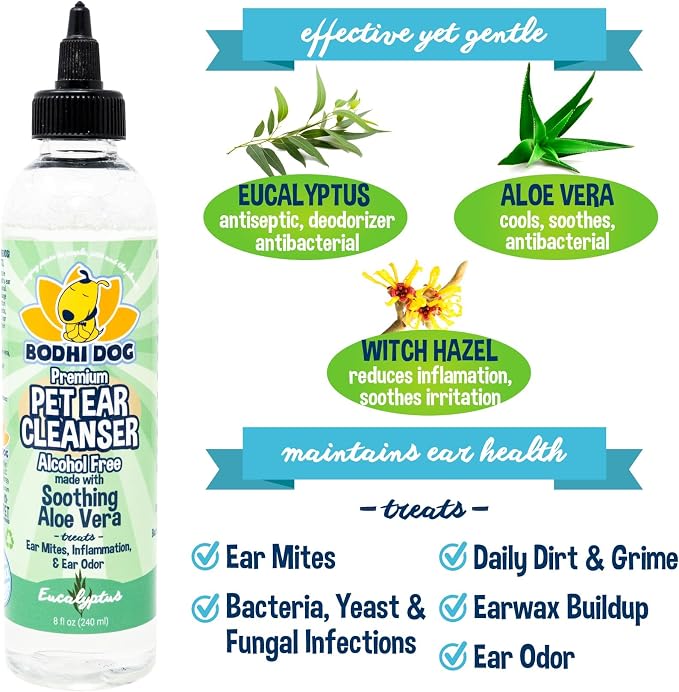 Bodhi Dog Ear Cleaner Solution for Dogs & Cats - Aloe Vera Ear Cleaning Treatment - Gentle, Alcohol-Free Cleanser - Reduces Wax, Odor, & Itching - Safe for Sensitive Skin (8 Fl Oz)