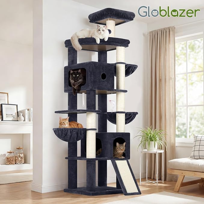 Globlazer F83C Pro Max Heavy Duty Maine Coon Cat Tree, 83in Tall Tower | Easy Assembly, Large Cats, 2 Condos, 3 Hanging Baskets, 2 Perches, 7 Sisal Scratching Posts, Anti-Topple Strap, Dark Grey