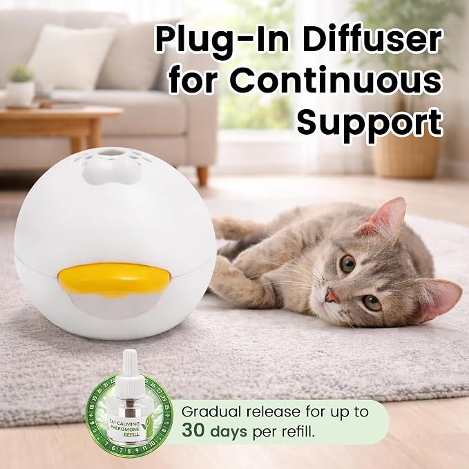 Cat Calming Pheromone Diffuser Kit, Plug-in Diffuser + 2 Refills (60-Day Supply), Reduces Anxiety & Stress for Indoor Cats, Safe for Kittens & Multi-Cat Homes