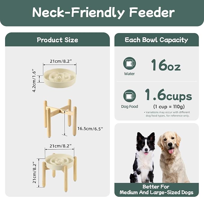 Havniva 8.2” Raised Slow Feeder Dog Bowls, 1.6 Cups Ceramic Dog Bowl Slow Feeding for Medium Breed, Elevated Puzzle Dog Food Bowl with Wooden Stand Non-Slip Anti-Gulping & Anti-Choking