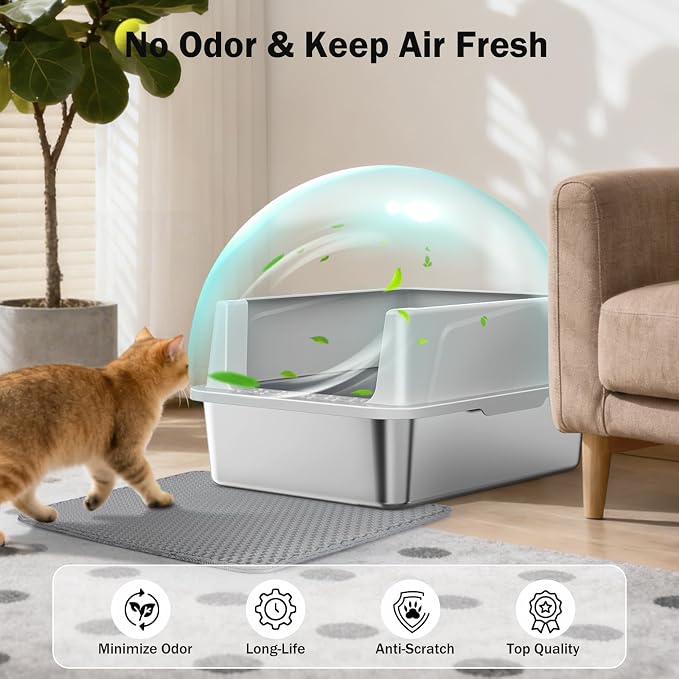 Stainless Steel Cat Litter Box with Lid, High-Sided Metal Litter Pan for Small Cats, Kitty Litter Box, Non-Stick & Odor-Resistant, Anti-Urine Leakage, Easy to Clean, Scoop Included