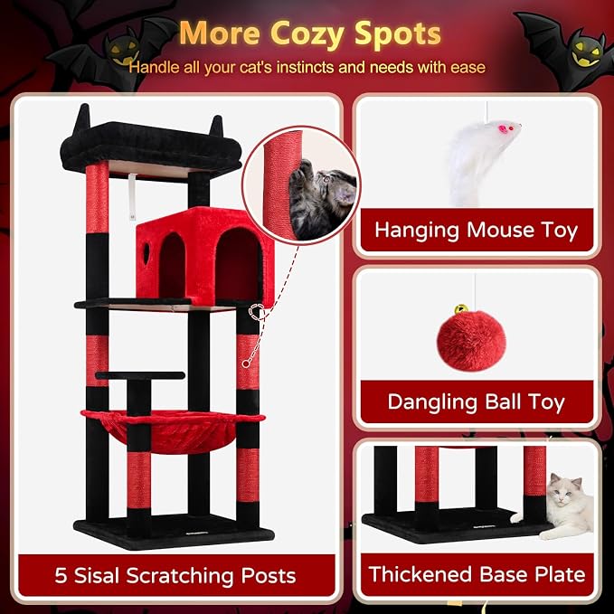 Globlazer Gothic Cat Tree Tower with Scratching Post for Indoor Cats, 53inch Tall Plush Multi-Level Cat Climbing Tower Condo with Large Hammock, Spacious Cat Cave, Padded Top Perch, F53, Red Black