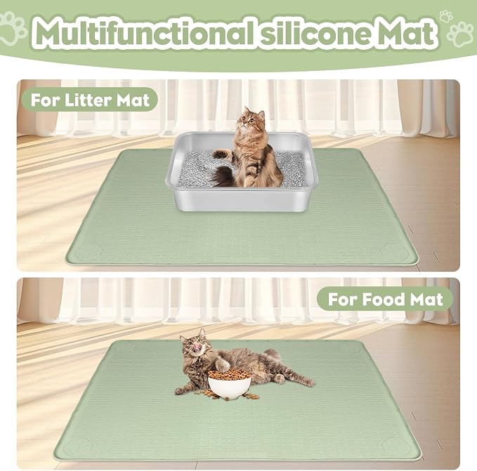 Kalolary Cat Litter Box Mats, Large 34" x 22" Silicone Cat Mat | Easy to Clean Kitty Litter Trapping Mat, Soft on Kitty Paws, Waterproof, Urine-Proof Kittys Litter Mats for Floor, Green