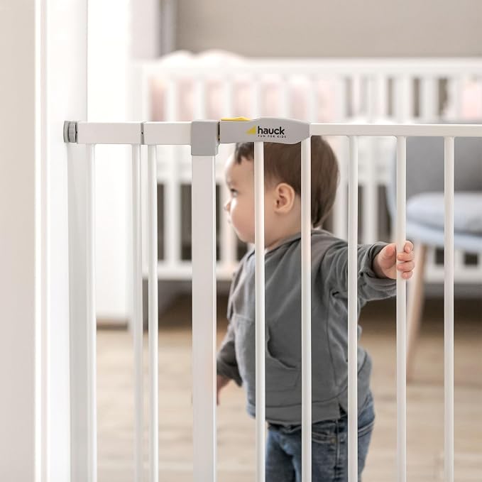 hauck Open N Stop Pressure Fit Baby & Pet Safety Gate w/ 8" Extension, Accommodates 37.8 to 39.75" Wide Home Doorway, Stairway, or Hallway, White