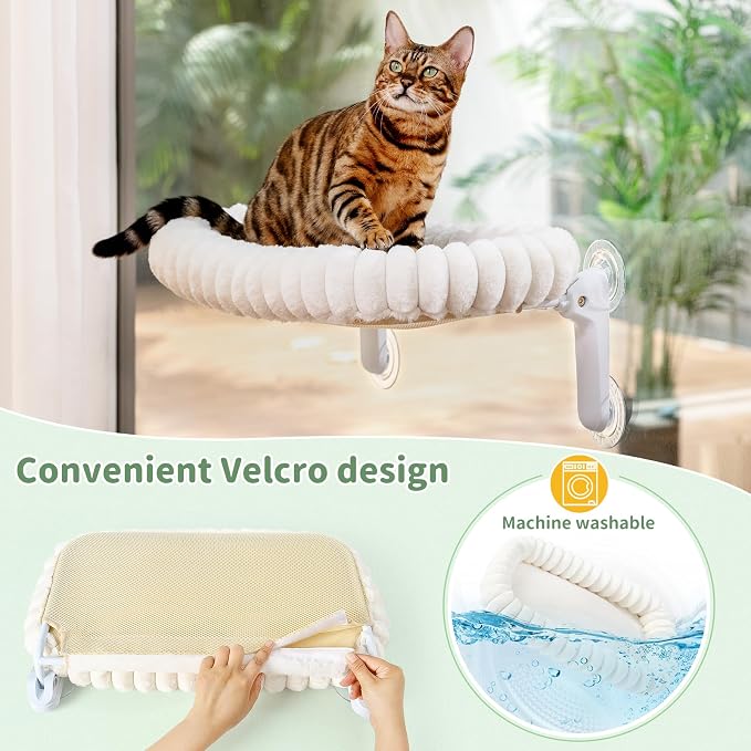 Sunhoo Foldable Cat Window Perch, Large Suction Cup Kitty Hammock, White | Windowsill Pet Bed for Cats Inside, Cordless Kitten Seat Supports 40 lbs, Soft Reversible Plush Cushion, Machine Washable