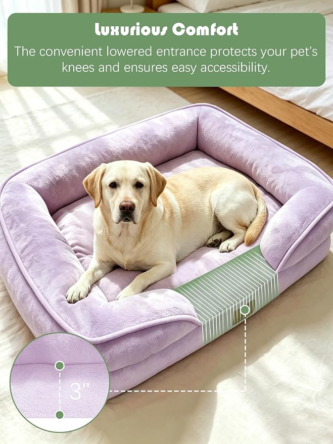 Spotted Play Orthopedic Dog Bed with Sides - Sofa Beds for Extra Large Dogs, Supportive Foam Pet Couch Bed with Washable Removable Cover, Waterproof Lining and Non-Slip Bottom, Purple - XL