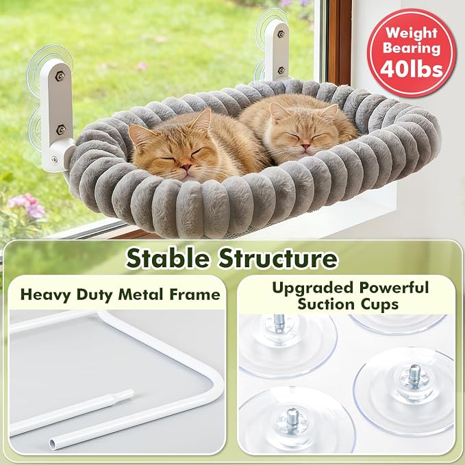 Zoratoo 2PC Cloud-Cuddle Cat Window Perch, Foldable Cat Hammock, M Grey | 2-in-1 Reversible Cover, Removable for Machine Wash, Stable Window Resting Seat with Large Suction Cups for Indoor Cats