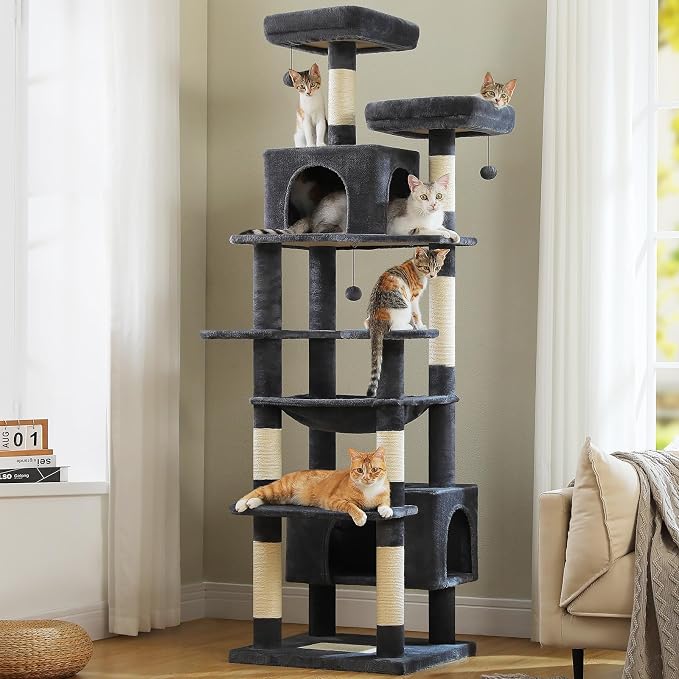 PAWZ Road XXL 81" Cat Tree Large Cats with Big Condos,Perches Sisal Posts | 20"x16" hammock for adult cats, tall cat tower with 7 scratching posts, dual perch and large condo for big maine cats