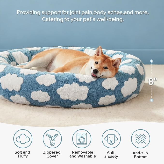 JOEJOY Donut Small Dog Bed, Round Cat Beds for Indoor Cats with Removable Washable Cover, Orthopedic Cute Puppy Kitten Pet Bed with Jacquard Shaggy Plush & Non Skid Bottom, Black