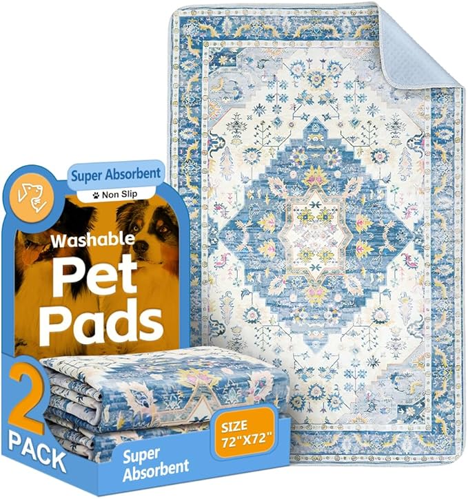Washable Pee Pads for Dogs, 2 Pack Reusable Puppy Training Pads 72"x72" Super Absorbent Waterproof Dog Training Pads, Non-Slip Potty Pads, Whelping Pads Litter Mat Blue Medallion